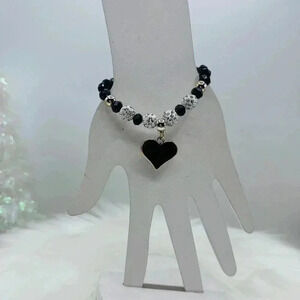 Black Beaded Bracelet Black Heart Pendant Bracelet